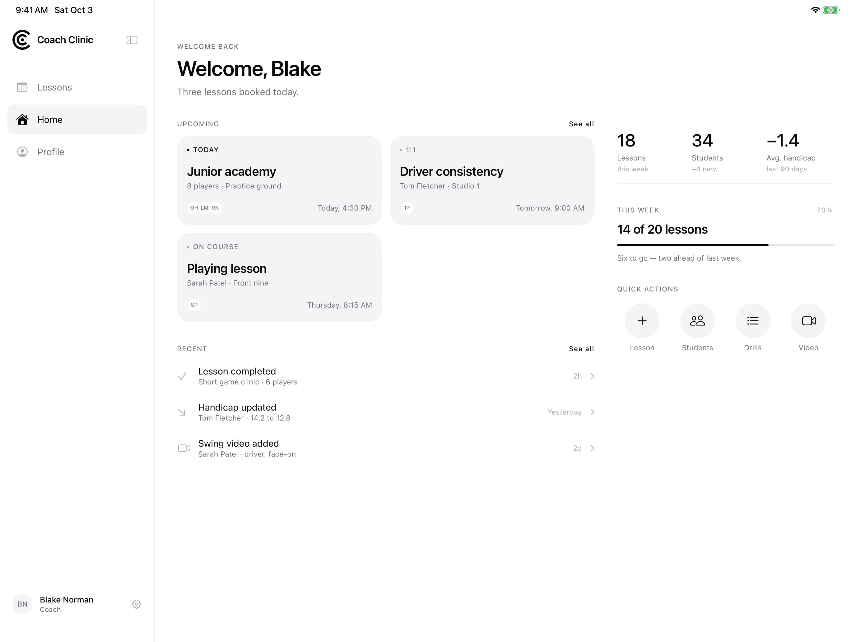 iPad home view with sidebar navigation, upcoming lessons, recent activity and weekly stats
